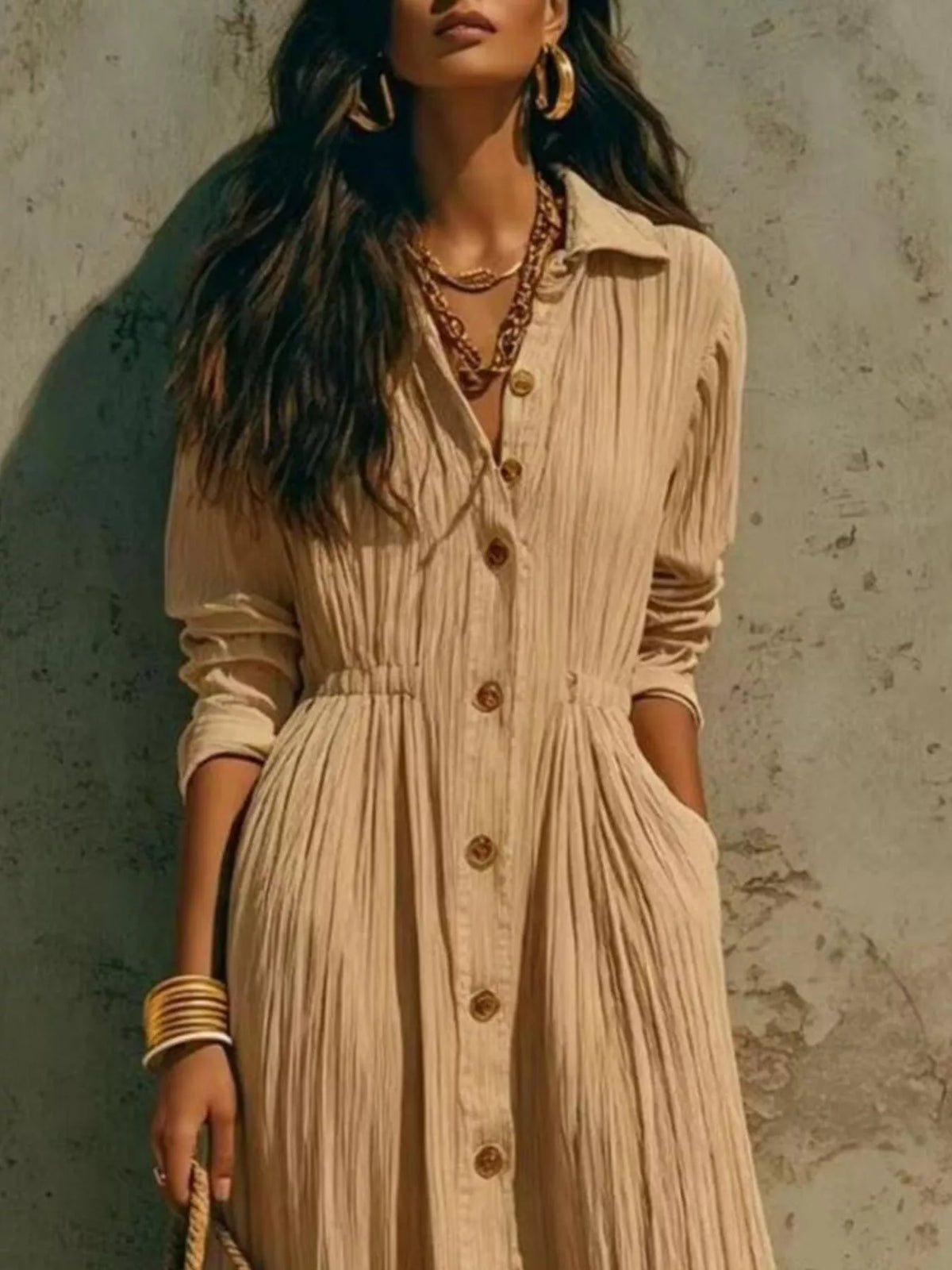 Button-Down Textured Maxi Shirt Dress