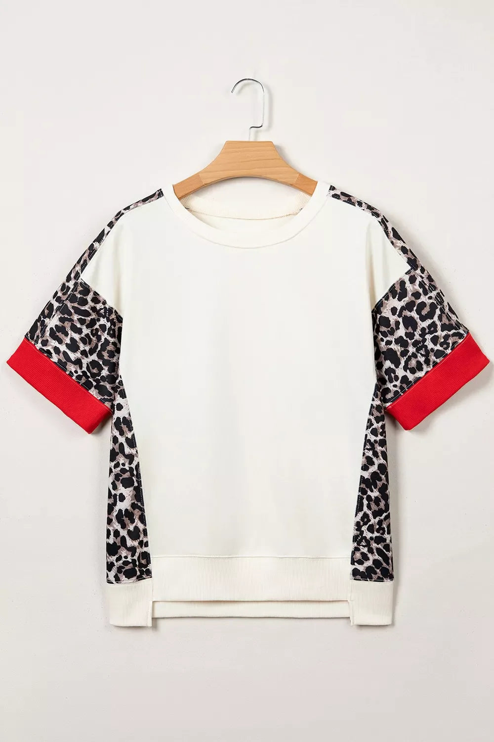 Leopard Block Patchwork Uneven Hem Short Sleeve Top