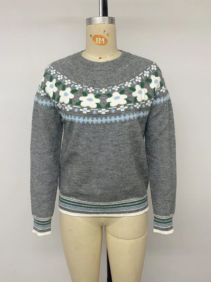 Floral Pattern Round Neck Sweater