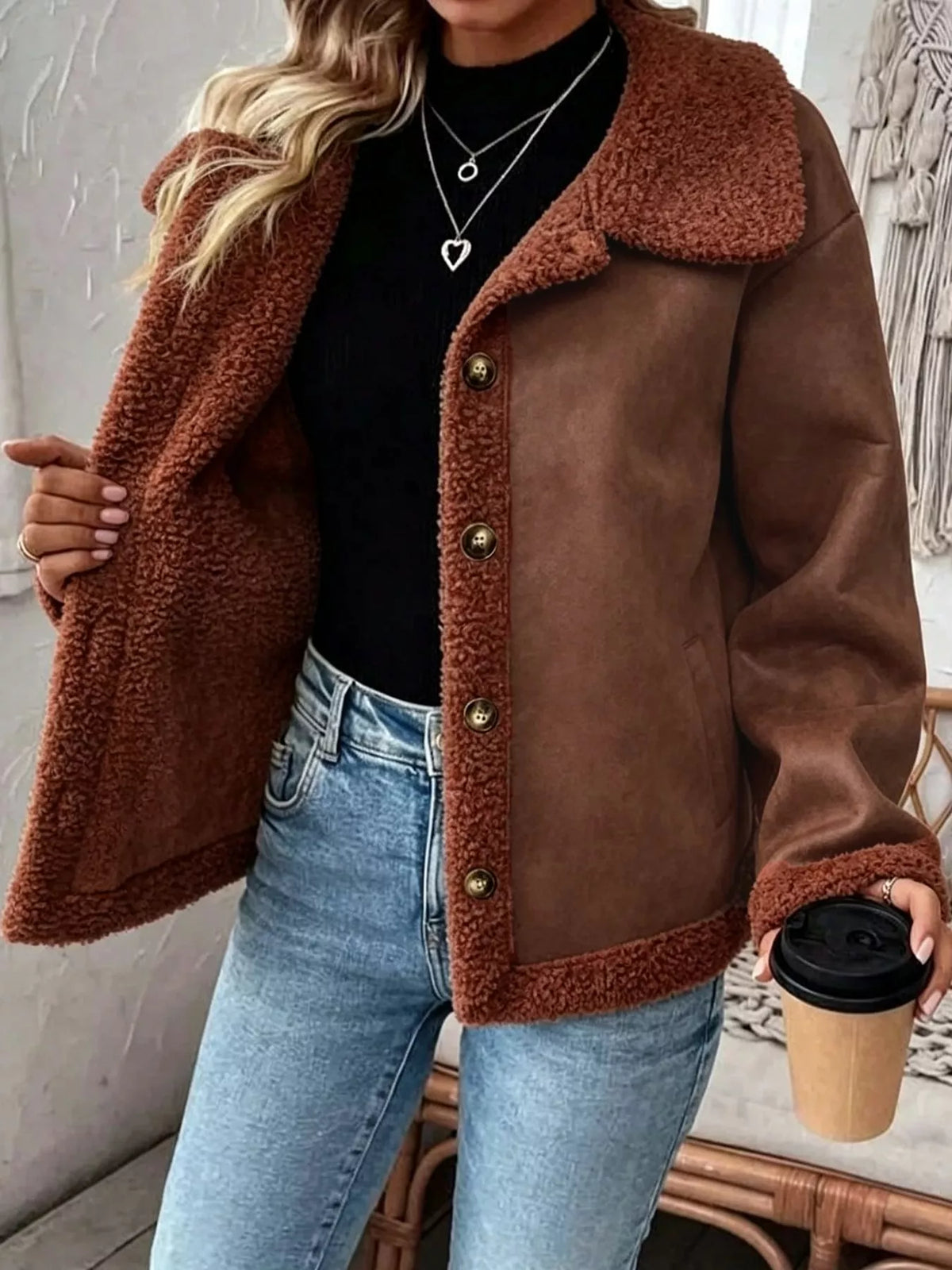 Full Size Cozy Faux Suede Sherpa-Lined Button-Down Jacket Plus Size
