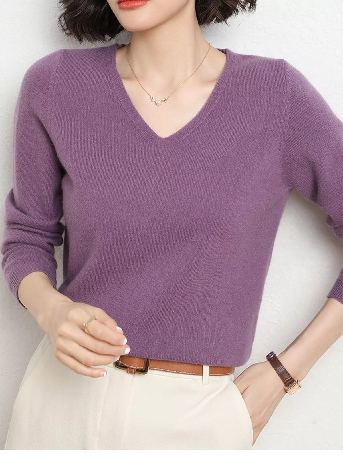 Elegant V-Neck Long Sleeve Soft Knit Top