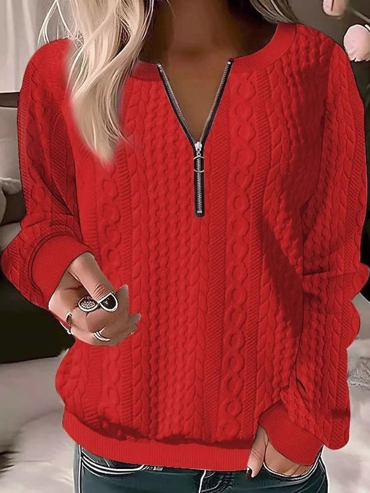 Full Size Quarter-Zip Cable Knit Sweatshirt Plus Size