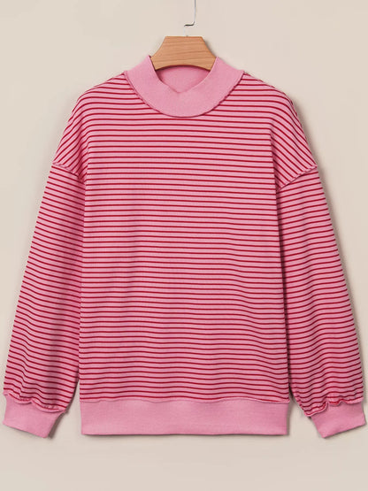 Stripe Ribbed Color Block Mock Neck Oversized Sweatshirt