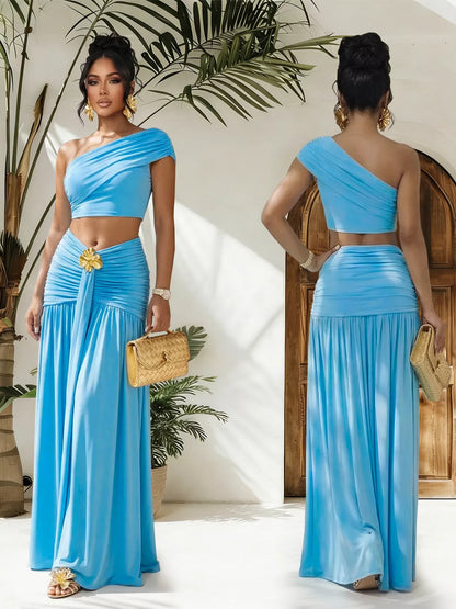 One-Shoulder Top and Ruched Maxi Skirt Set