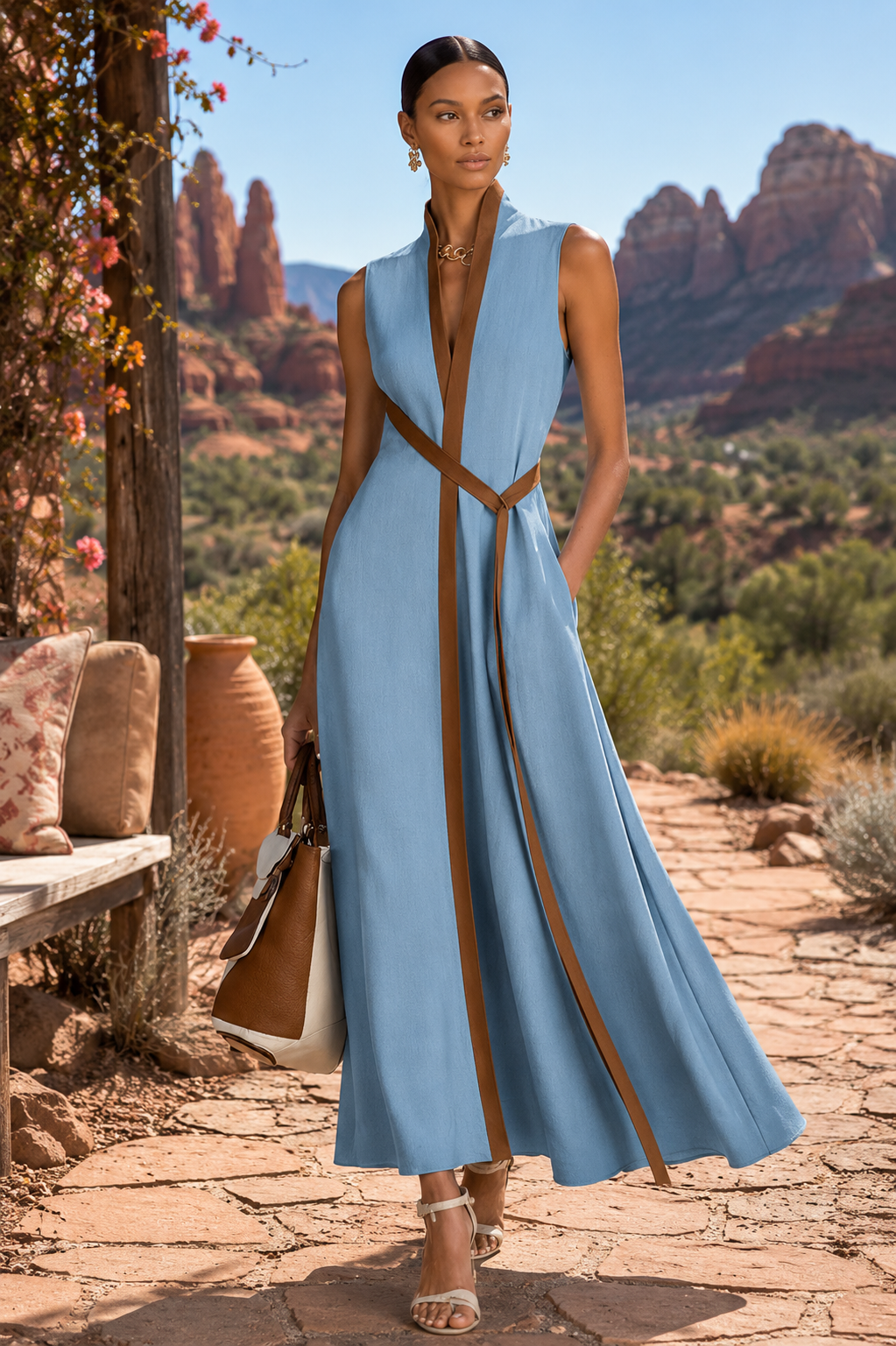 Sleeveless Contrast Trim Midi Dress | Belted Boutique Dress