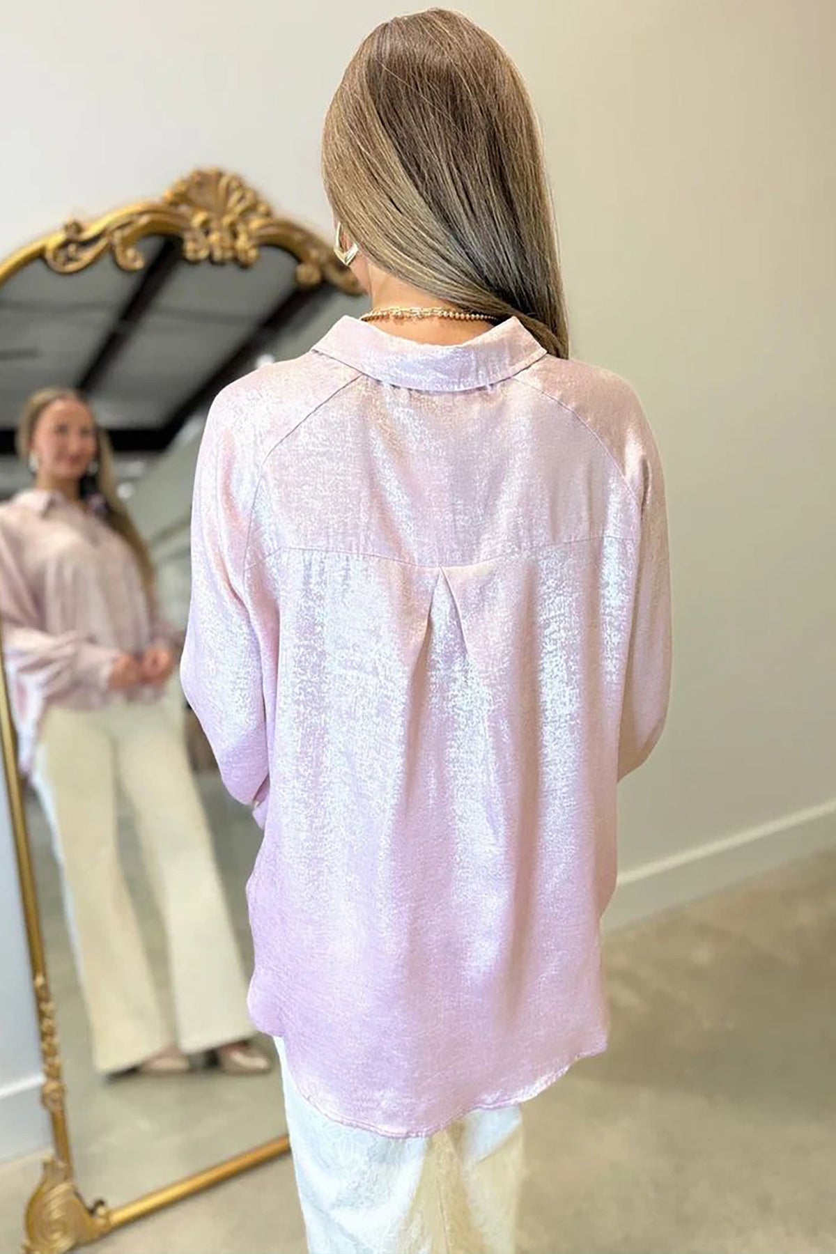 Delicacy Long Sleeve Button Front Ruffle Cuffs Back Paneling Shirt