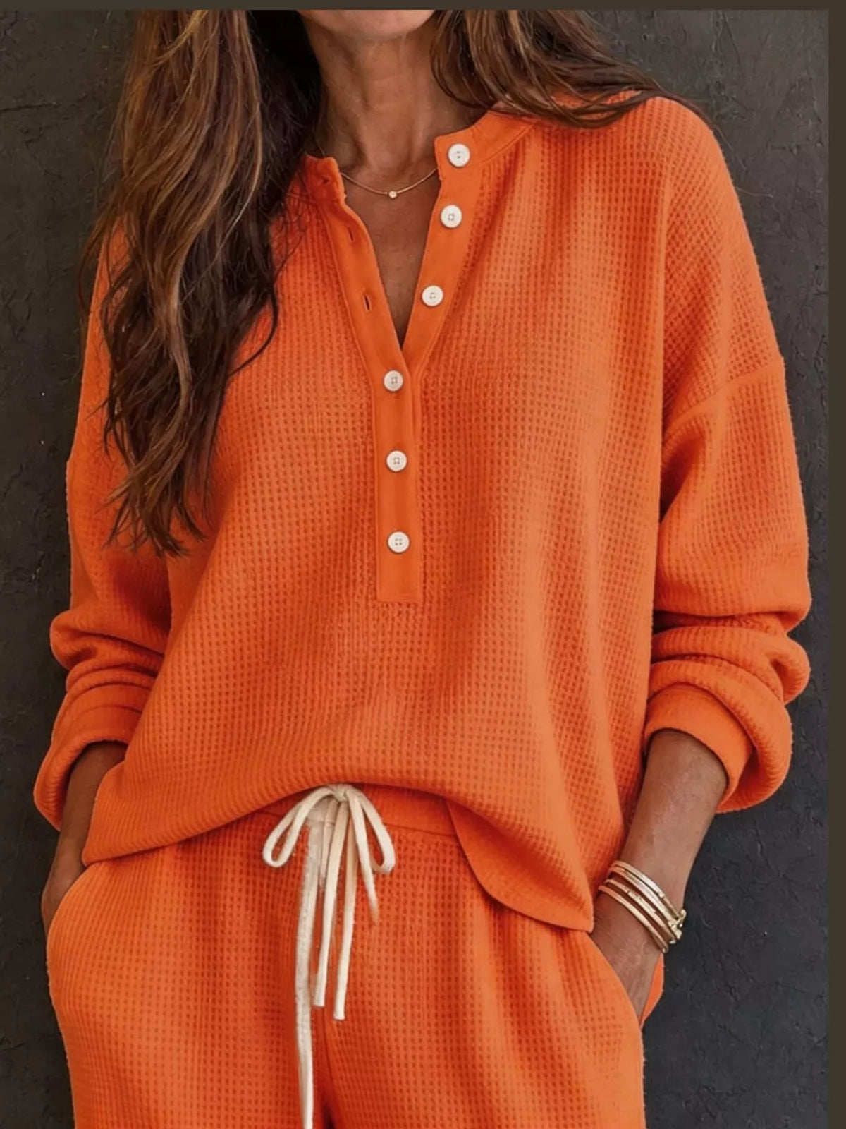 Women’s Waffle Knit Two-Piece Pants Set – Button-Front Top & Wide-Leg Pants