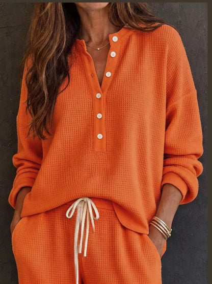 Women’s Waffle Knit Two-Piece Pants Set – Button-Front Top & Wide-Leg Pants