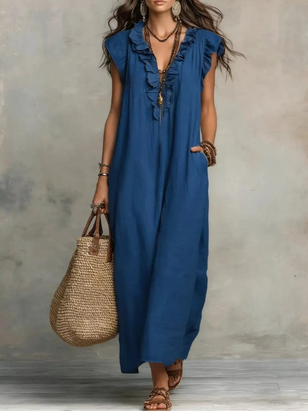 Ruffled V-Neck Maxi Dress