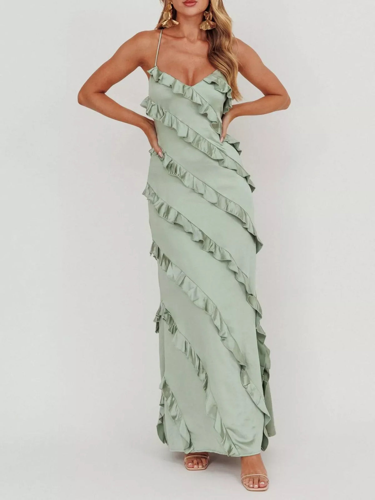 Spaghetti Strap Ruffled Maxi Dress for Women | Flowy Summer Dress with Zipper | Elegant Vacation & Evening Dress