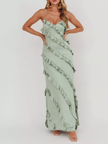 Spaghetti Strap Ruffled Maxi Dress for Women | Flowy Summer Dress with Zipper | Elegant Vacation & Evening Dress