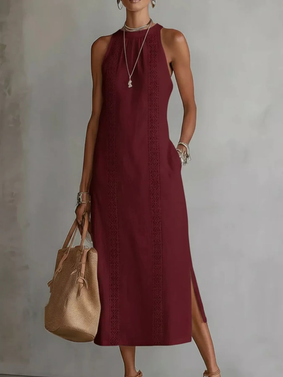Full Size Sleeveless Lace Trim Midi Dress Plus Size
