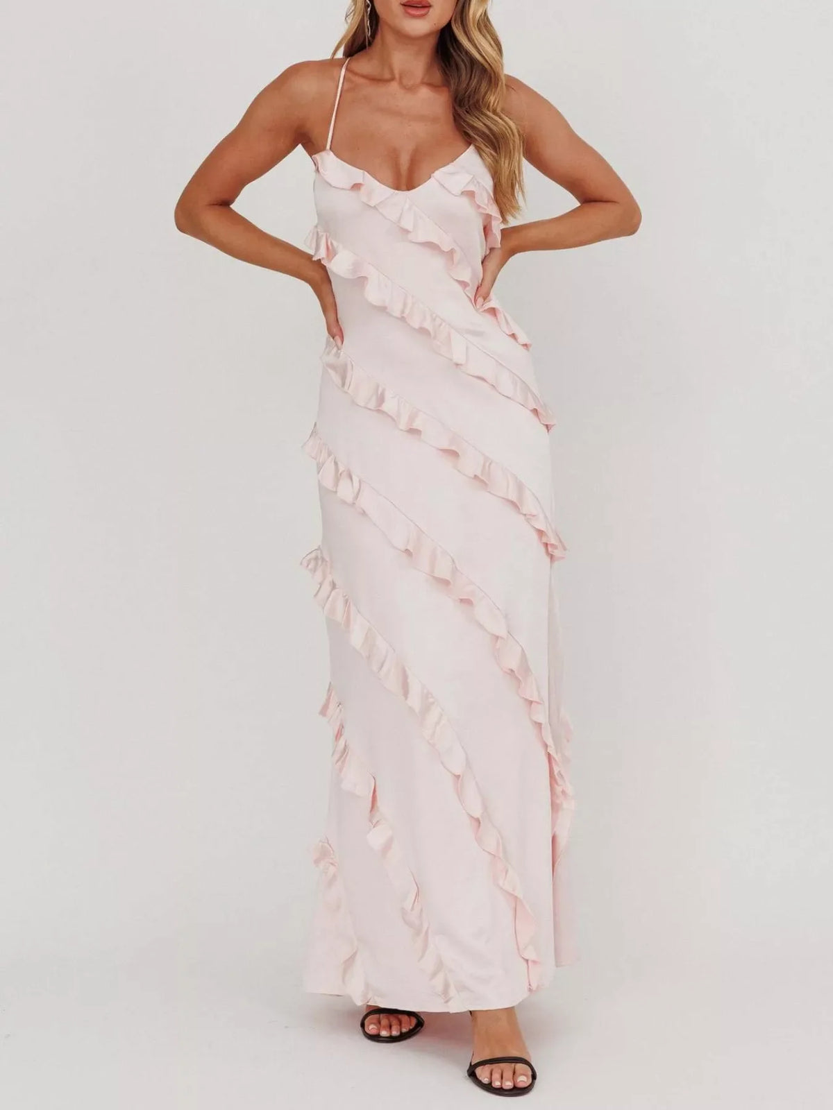Spaghetti Strap Ruffled Maxi Dress for Women | Flowy Summer Dress with Zipper | Elegant Vacation & Evening Dress