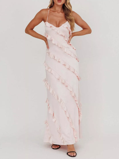 Spaghetti Strap Ruffled Maxi Dress for Women | Flowy Summer Dress with Zipper | Elegant Vacation & Evening Dress
