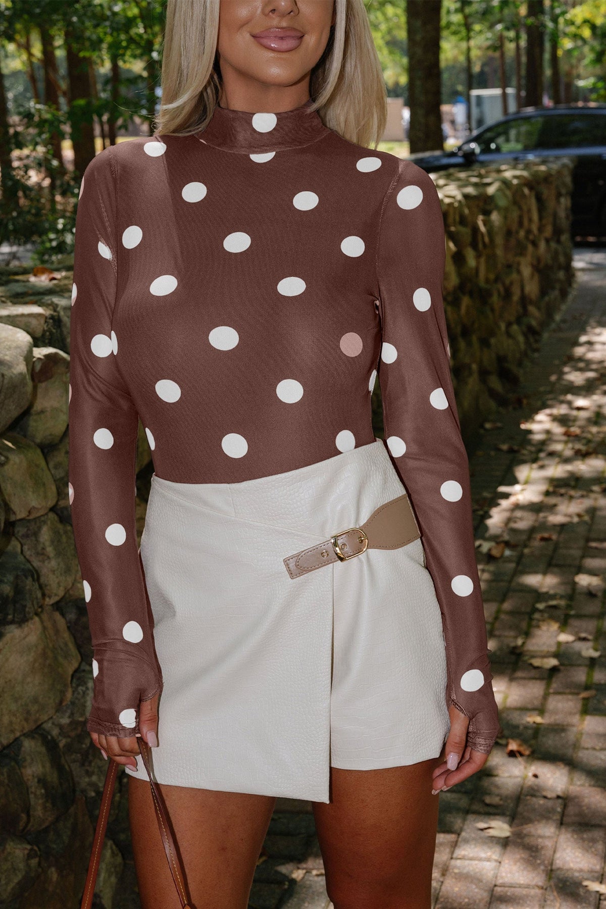Brown Vintage Polka Dot Print Mesh Long Sleeve Bodysuit