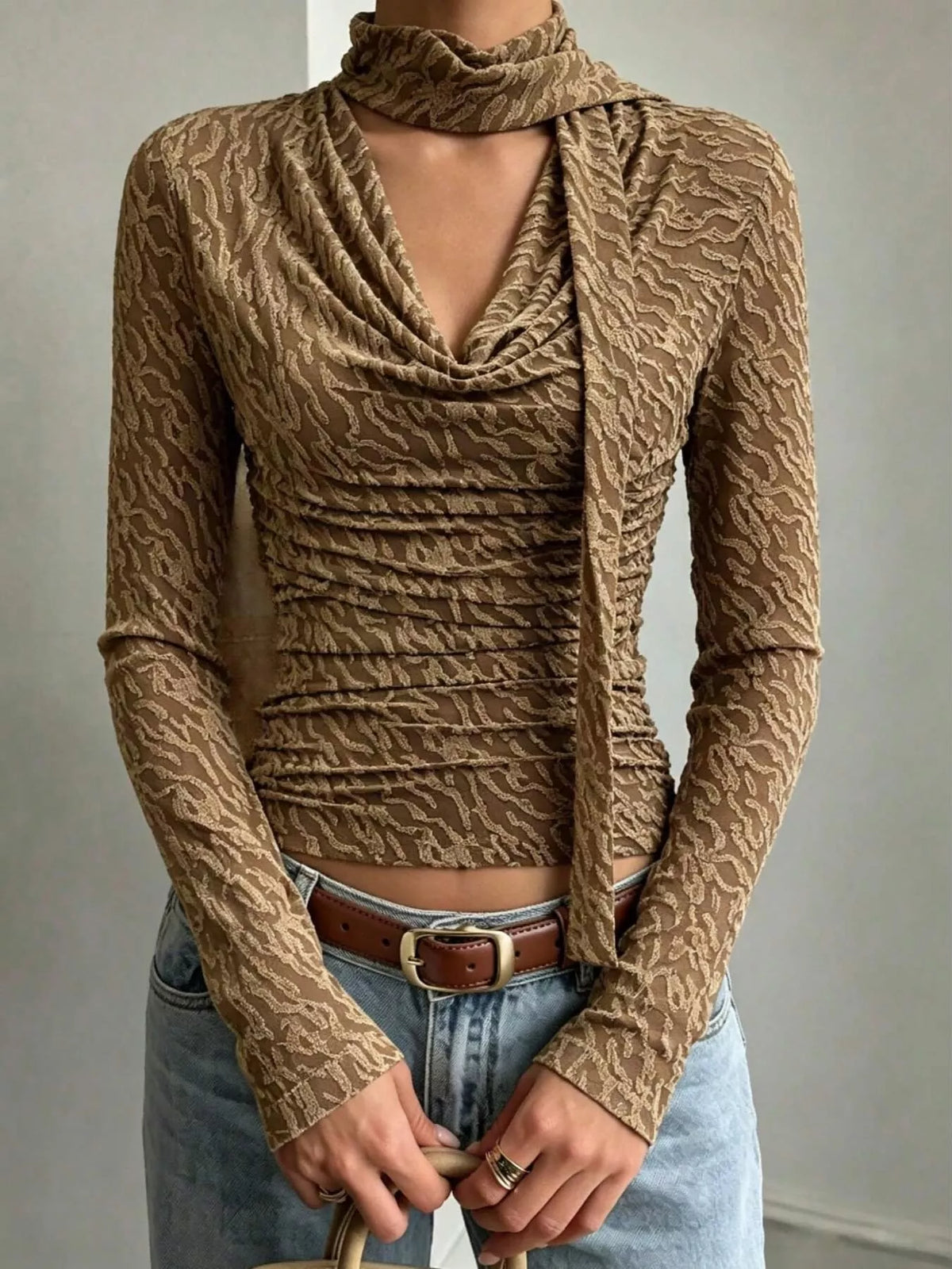 Textured Cowl Neck Long Sleeve Blouse with Scarf Detail