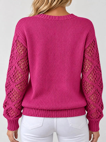 Full Size V-Neck Hollow-Out Long Sleeve Sweater Plus Size
