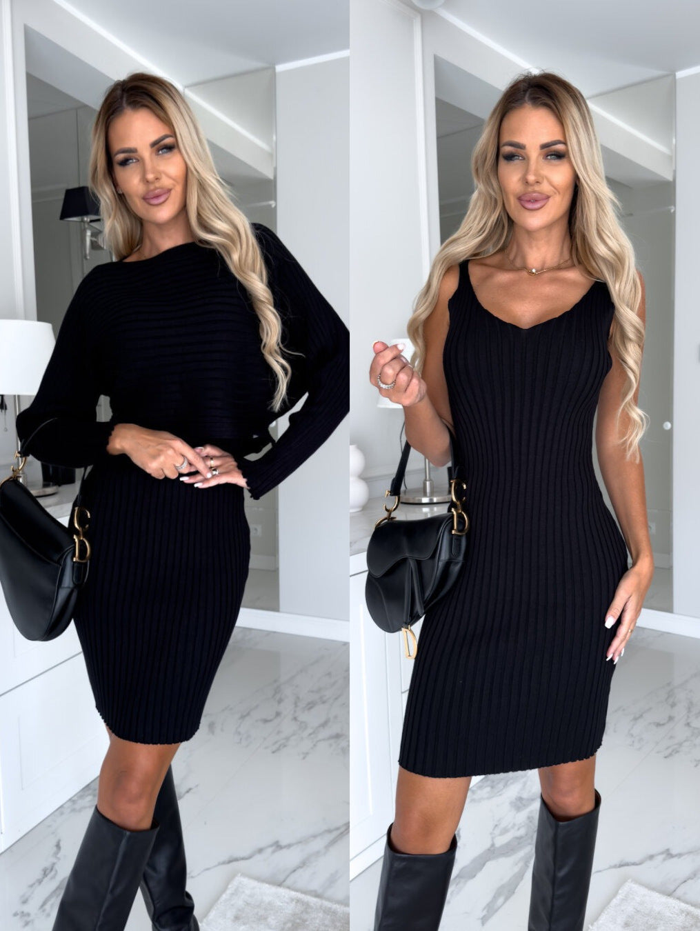 Long-sleeved Sweater Top And Tight Suspender Skirt