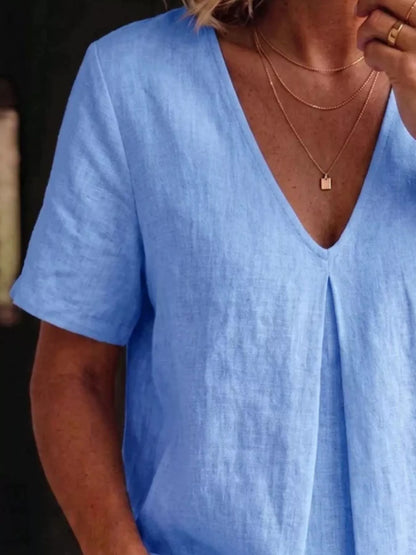 Full Size V-Neck Pleated Short Sleeve Blouse Plus Size