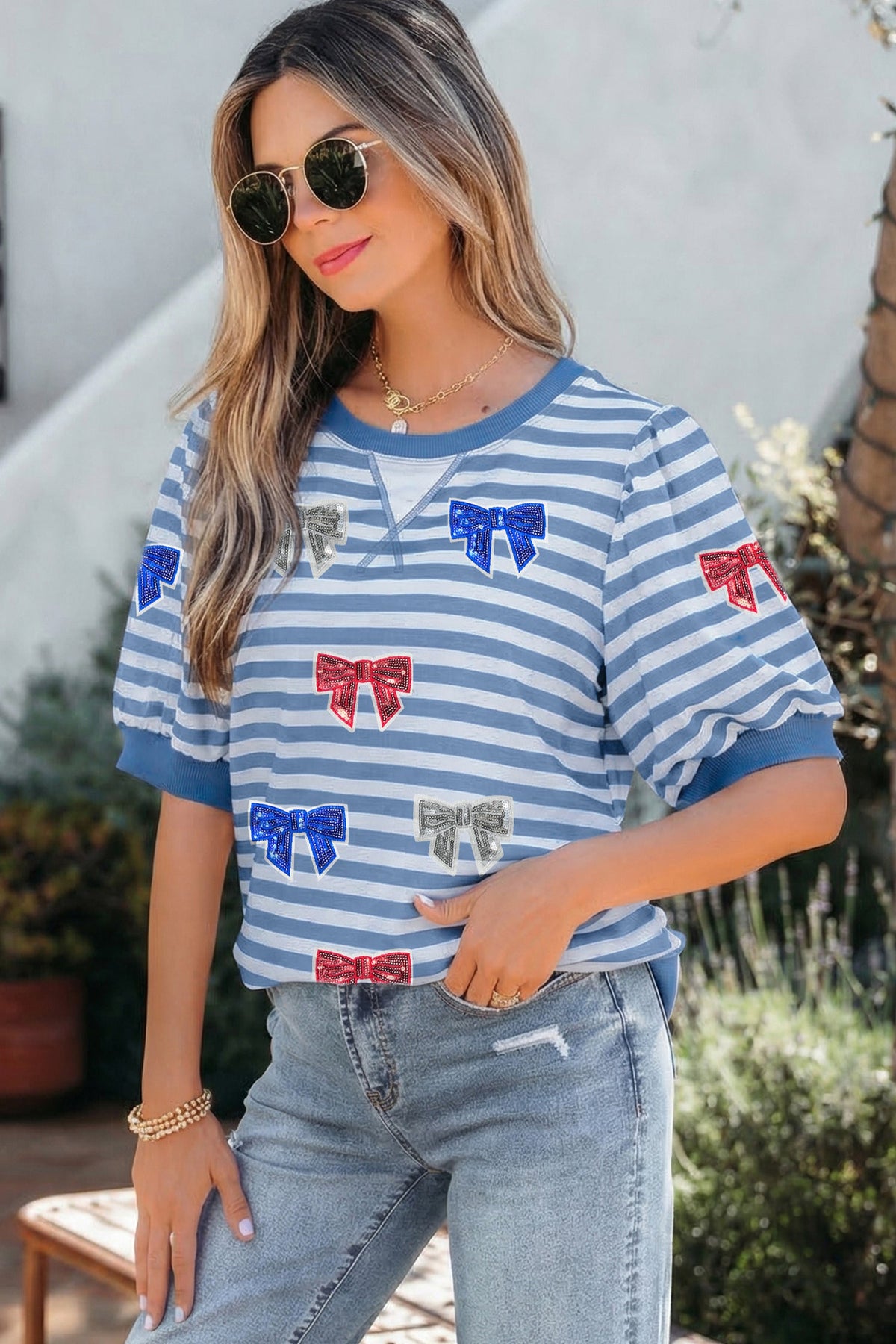 Sky Blue Stripe Patriotic Sequin Bow Graphic Short Puff Sleeve Top