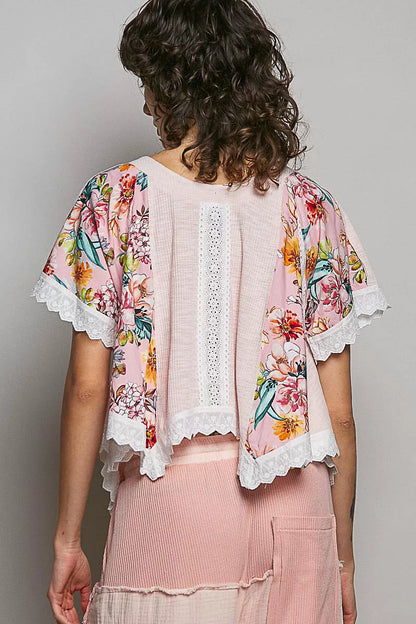 POL Round Neck Ribbed Cropped Top with Lace Detail