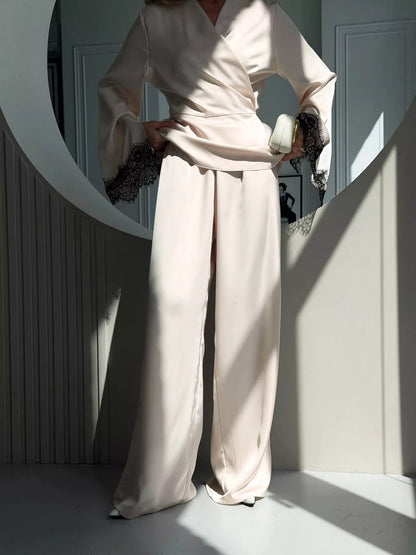 Lace Trim Wrap Top and Pants Set