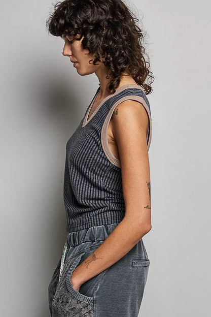 POL V-Neck Contrast Ribbed Sleeveless Tank
