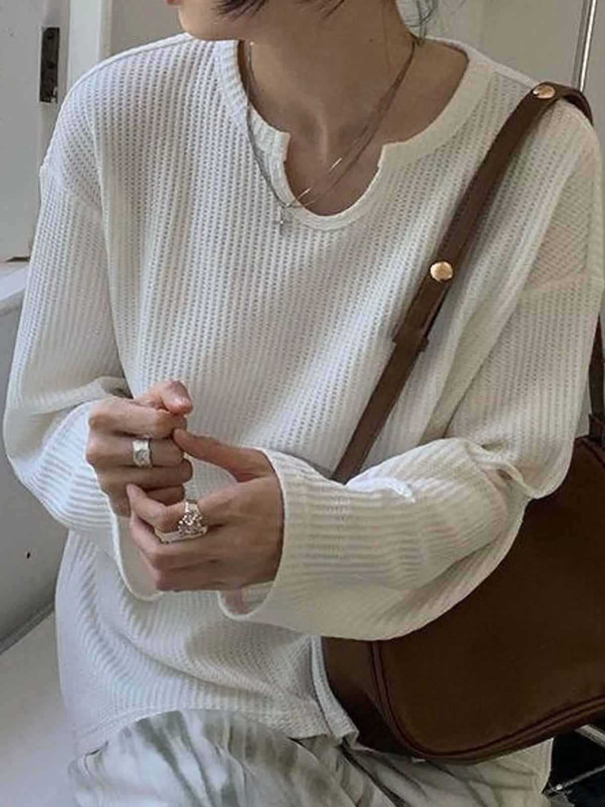 Casual Waffle Knit Long Sleeve T-Shirt