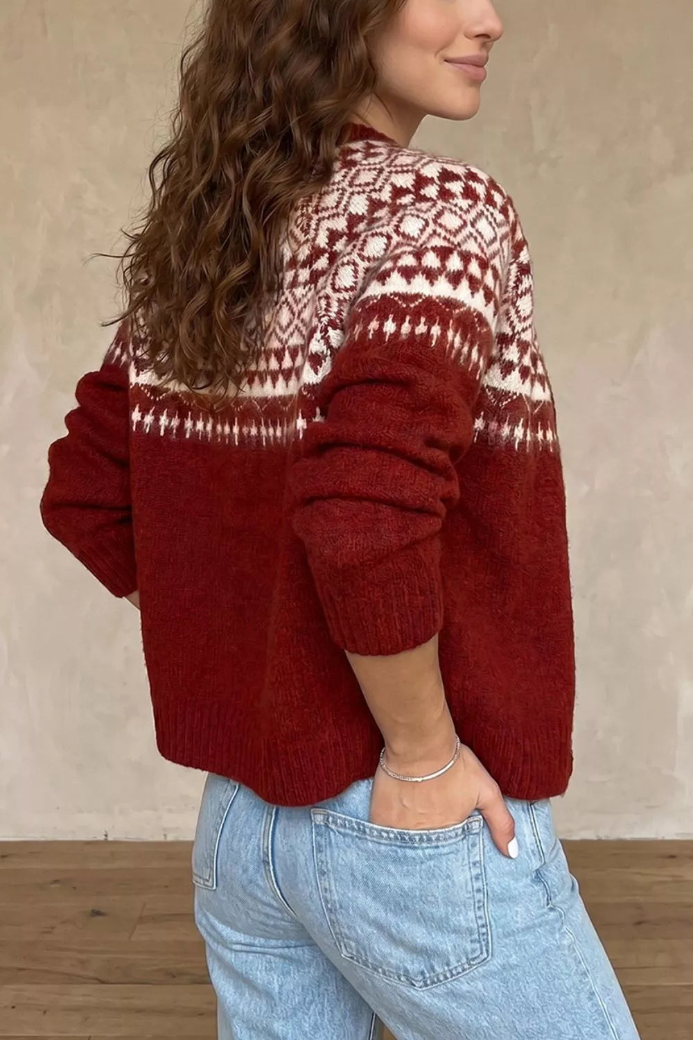 Geometric Print Button Front Long Sleeve Knitwear Cardigan