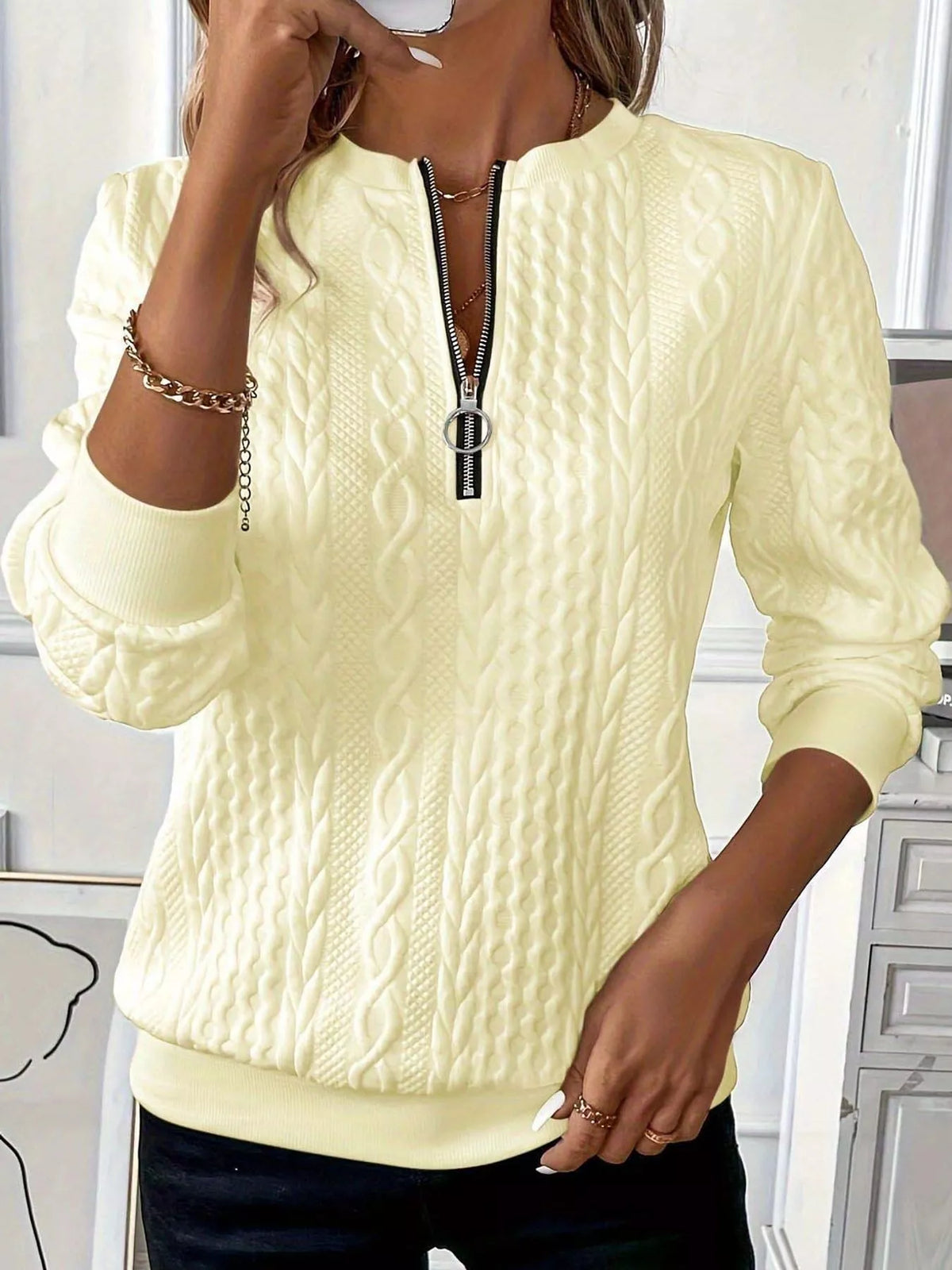 Full Size Quarter-Zip Cable Knit Sweatshirt Plus Size