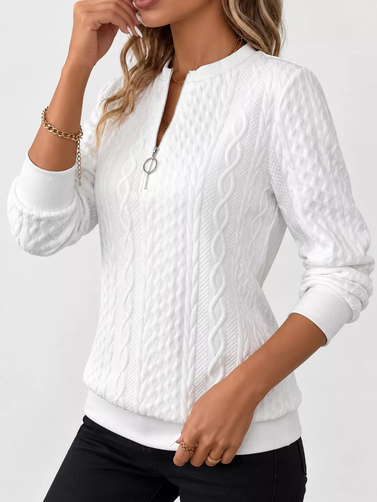 Full Size Quarter-Zip Cable Knit Sweatshirt Plus Size