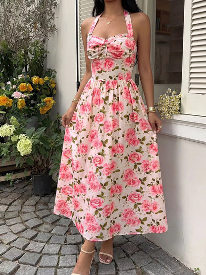 Floral Print Halter Neck Midi Dress
