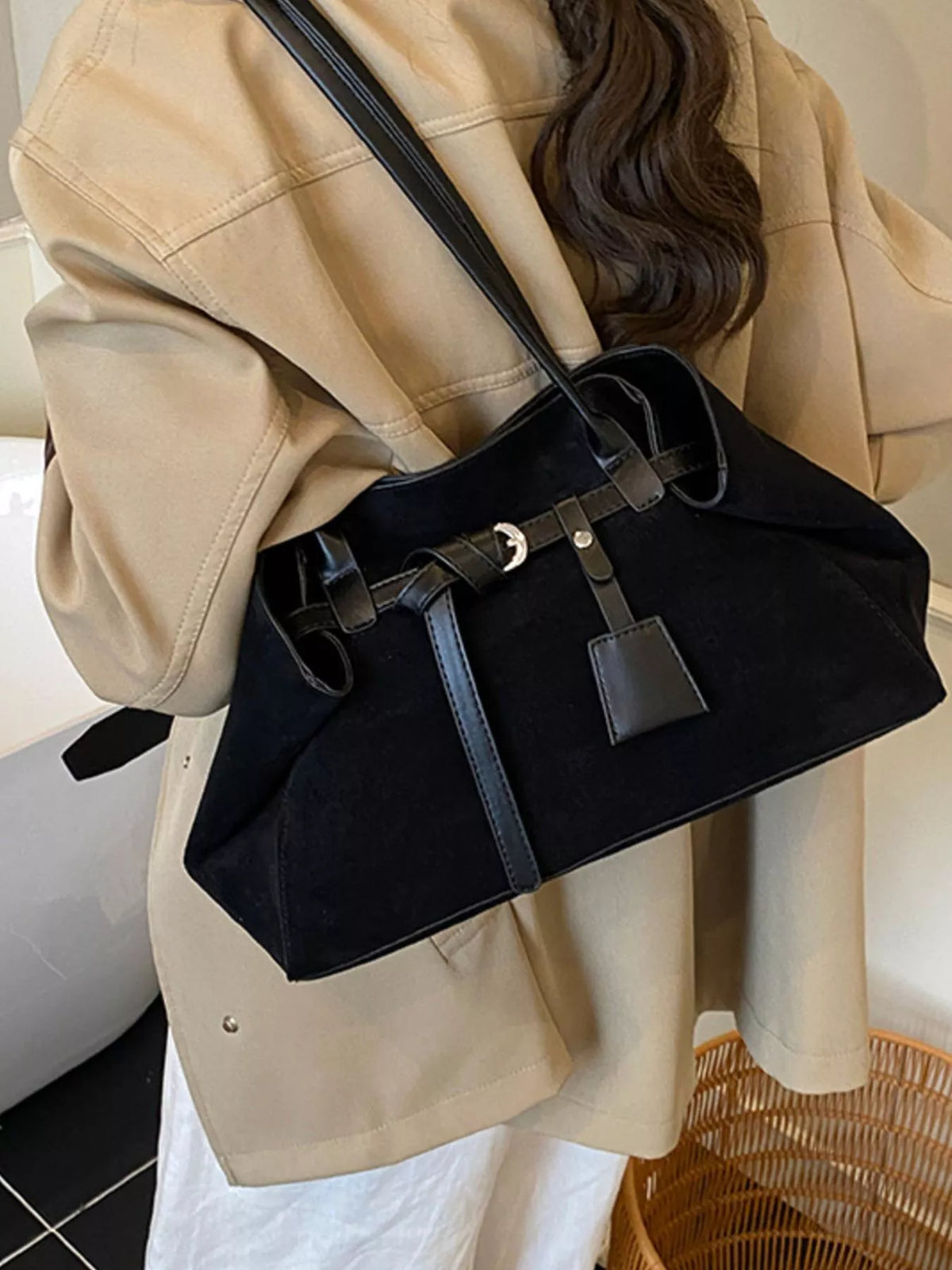 Suede Decorative Belt Buckle Shoulder Bag