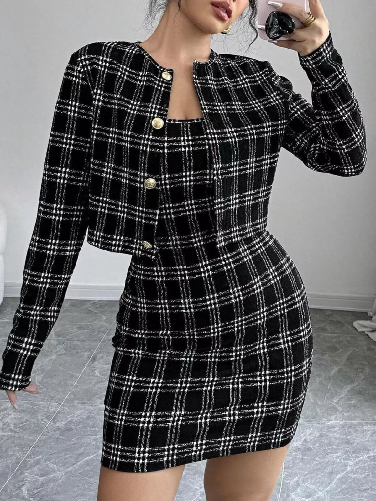 Plaid Tweed Crop Outerwear and Bodycon Mini Dress Two-Piece Set