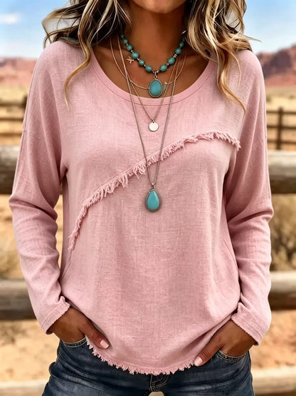 Plus Size Fringe Long Sleeve Top | Relaxed Casual T-Shirt