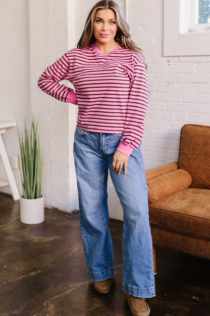 Pink Stripe V Neck Long Sleeve Drop Shoulder Blouse