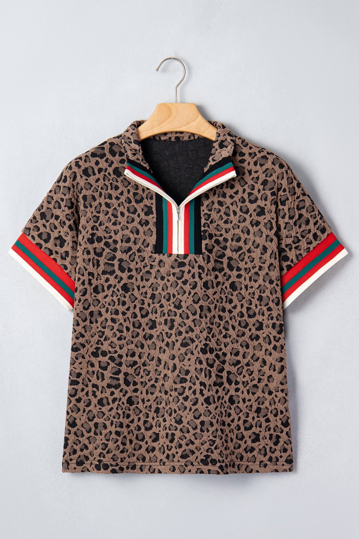 Brown Leopard Jacquard Striped Patchwork Half Zip Short Sleeve Blouse