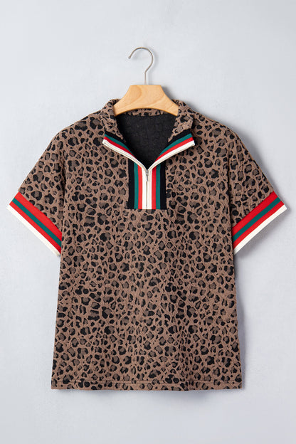 Brown Leopard Jacquard Striped Patchwork Half Zip Short Sleeve Blouse