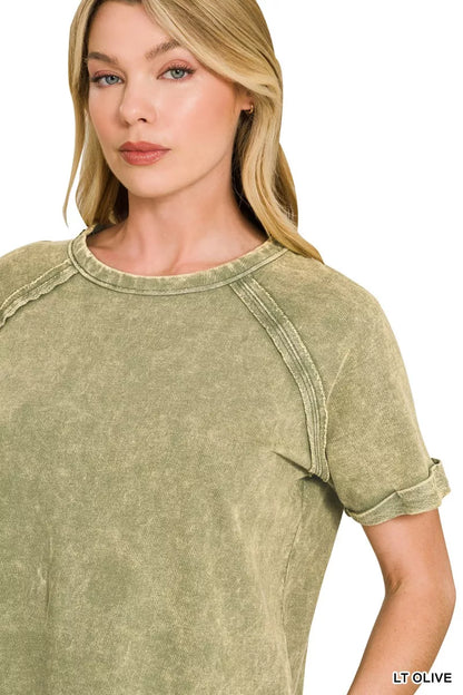 Zenana French Terry Washed Curved Hem Top