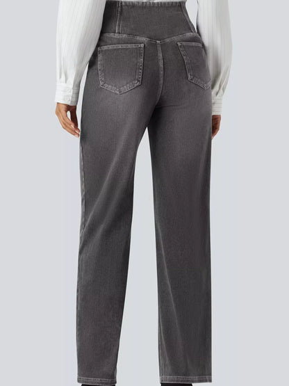 High Waisted Stretch Jeans with Crossover Waist | Straight Leg
