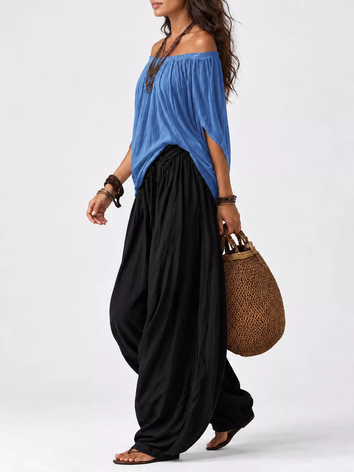 Full Size Off-Shoulder Top and Wide-Leg Harem Pants Set Plus Size