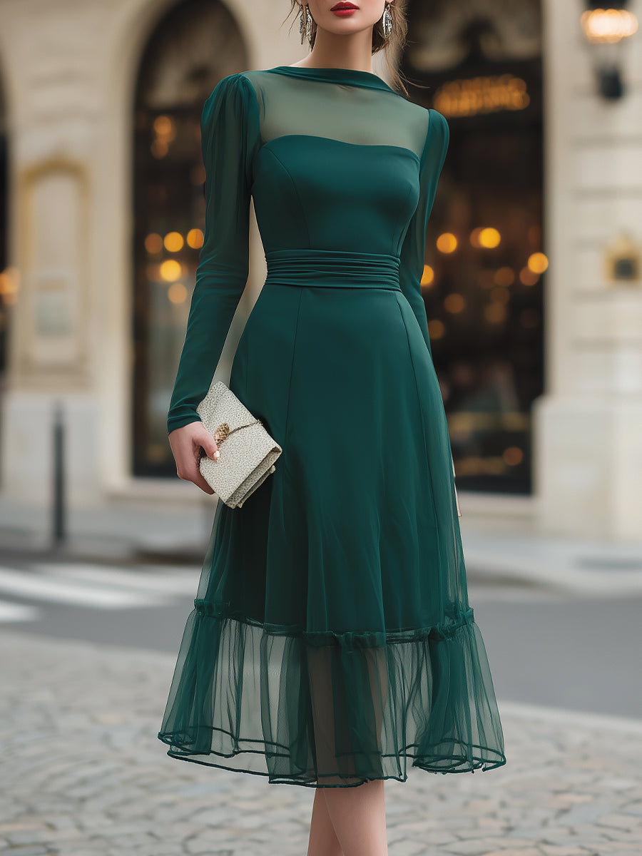 Sheer Yoke Long Sleeve Midi Dress With Defined Waist Emerald Green