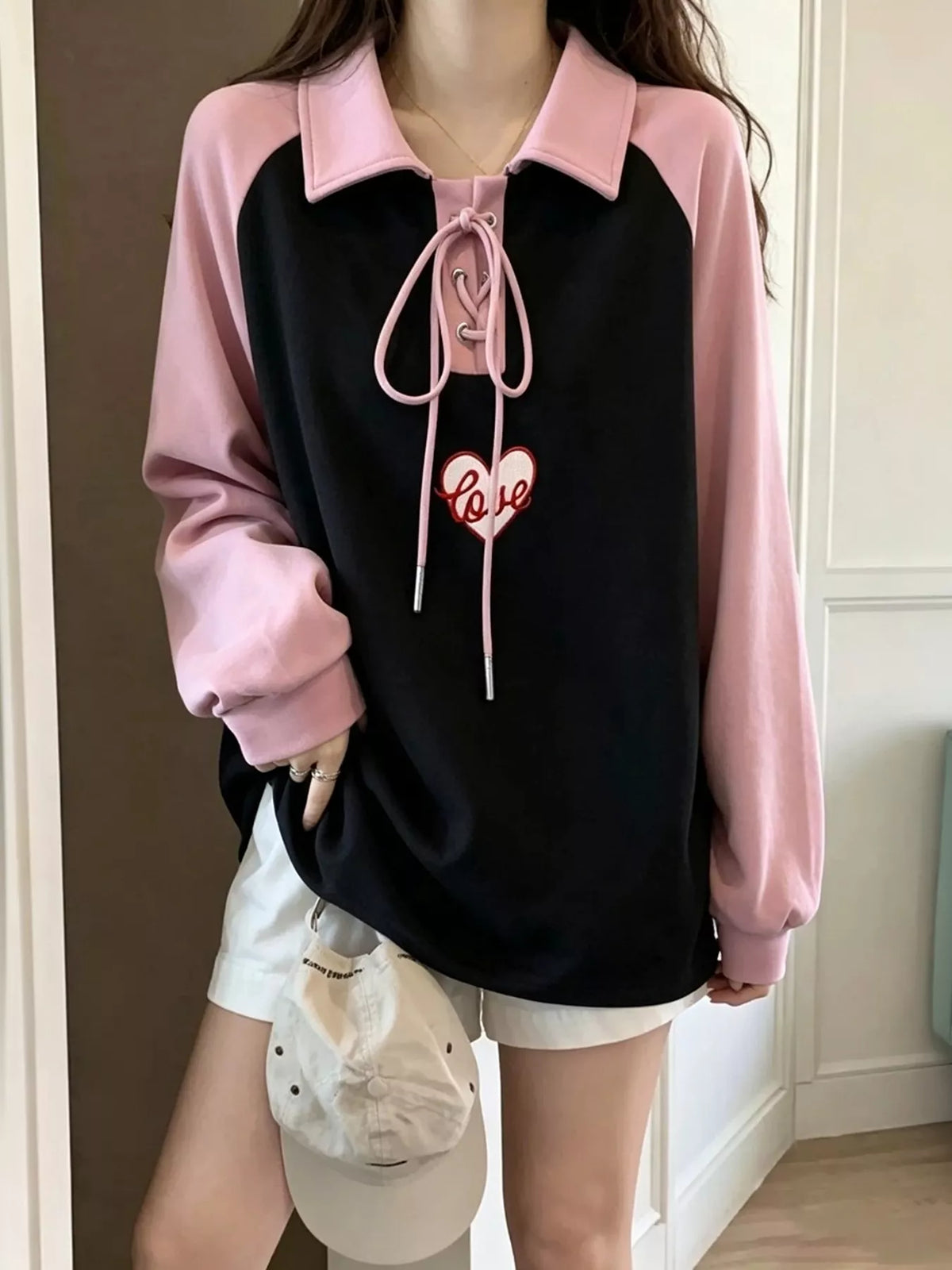Heart Embroidery Lace-Up Detail Polo Collar Sweatshirt