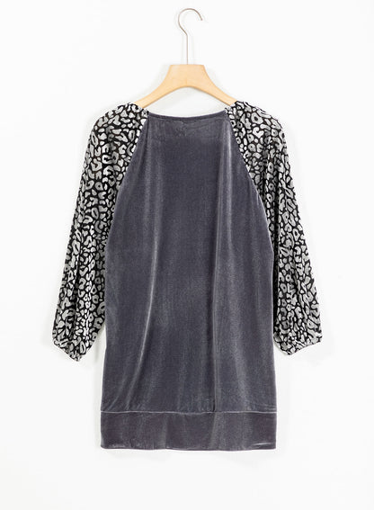 Medium Grey Leopard Splicing Lantern Sleeve Velvet Blouse
