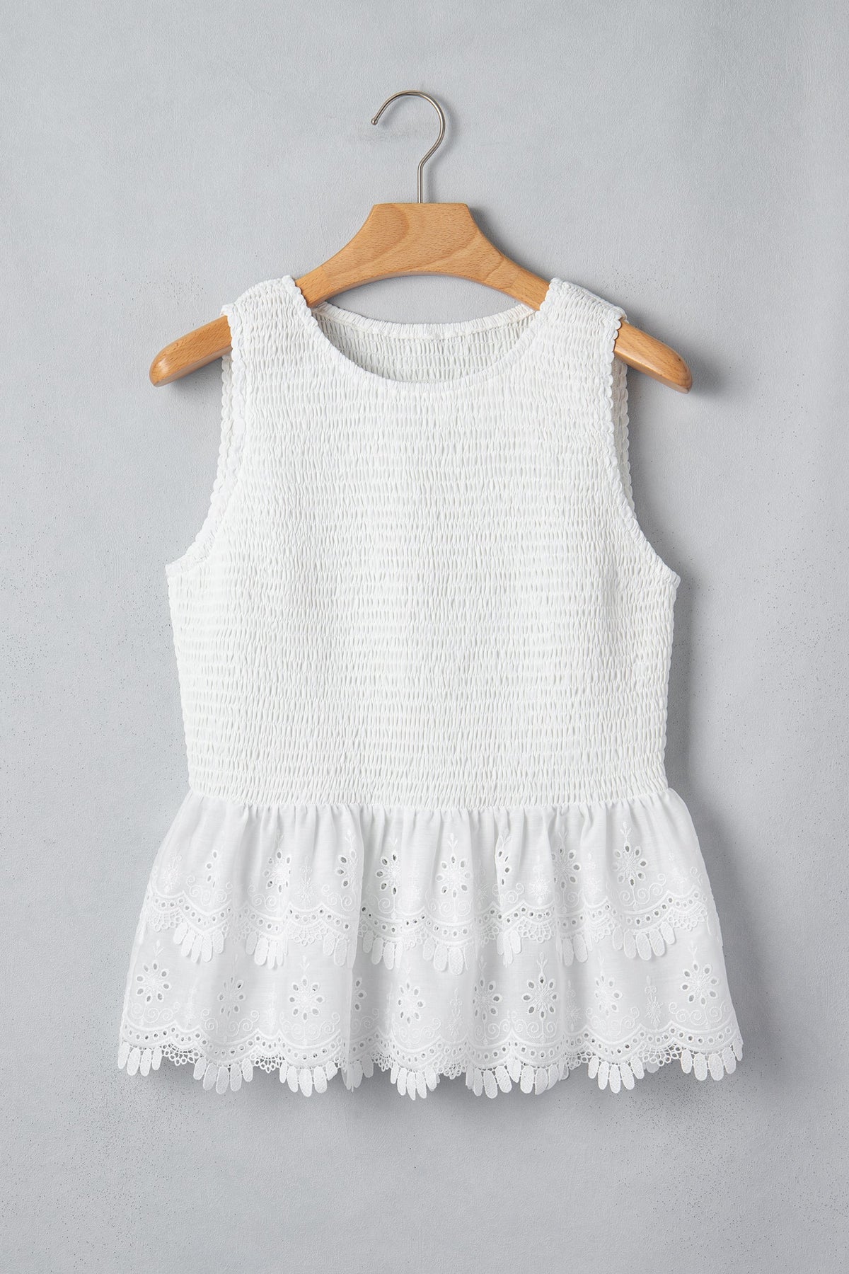 White Sleeveless Smocked Lace Peplum Top