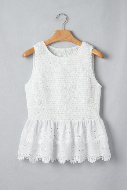 White Sleeveless Smocked Lace Peplum Top