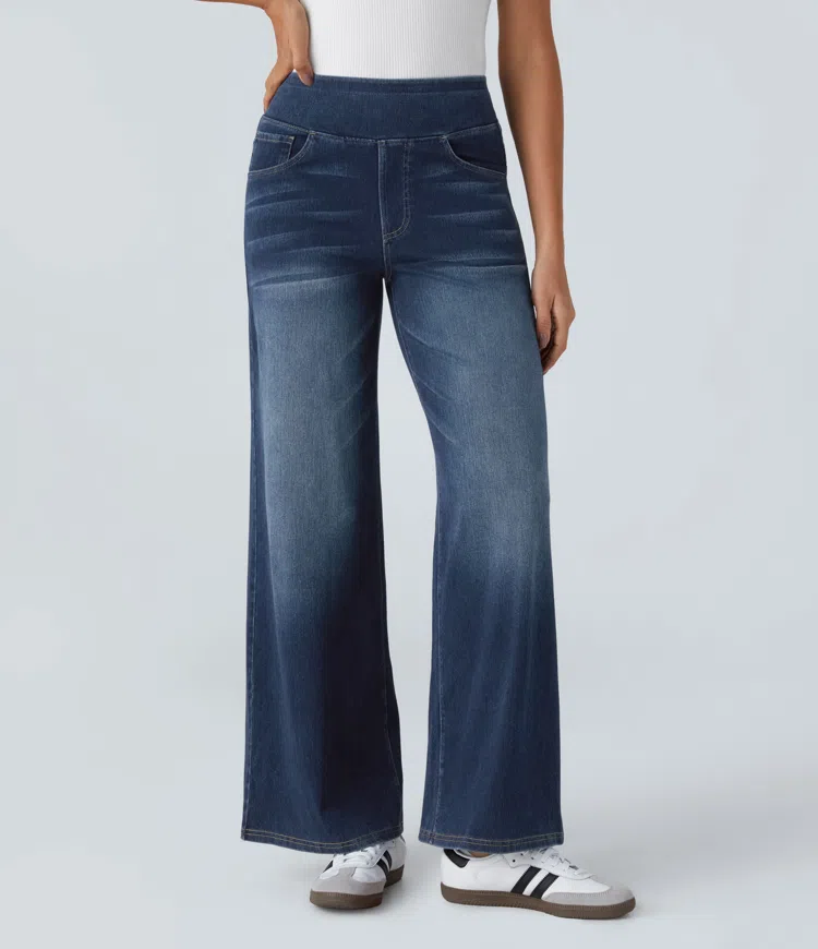High Waisted Multiple Pockets Baggy Wide Leg Washed Stretchy Knit Casual Jeans Navy blue S