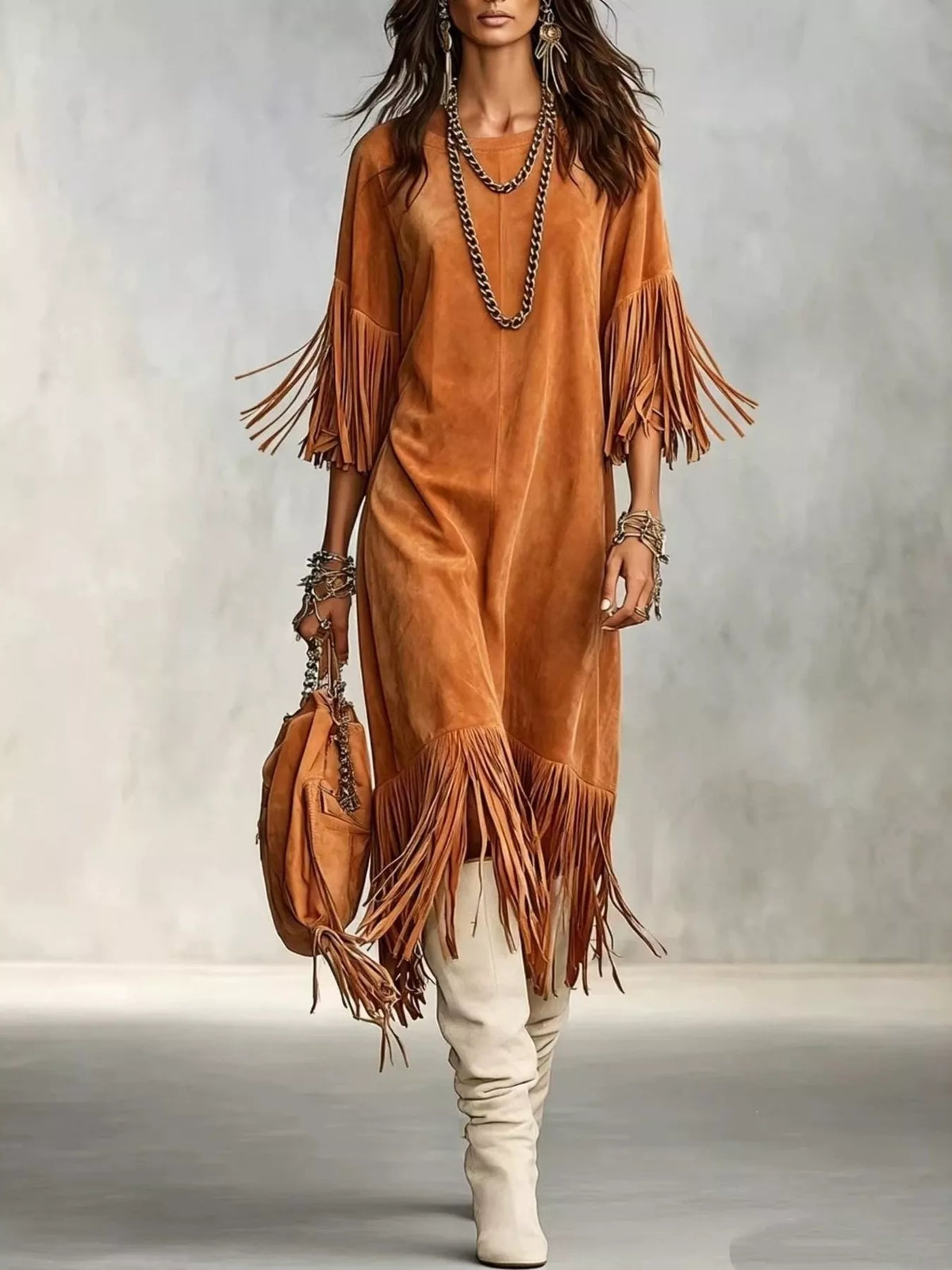 Fringed Round Neck Midi Dress