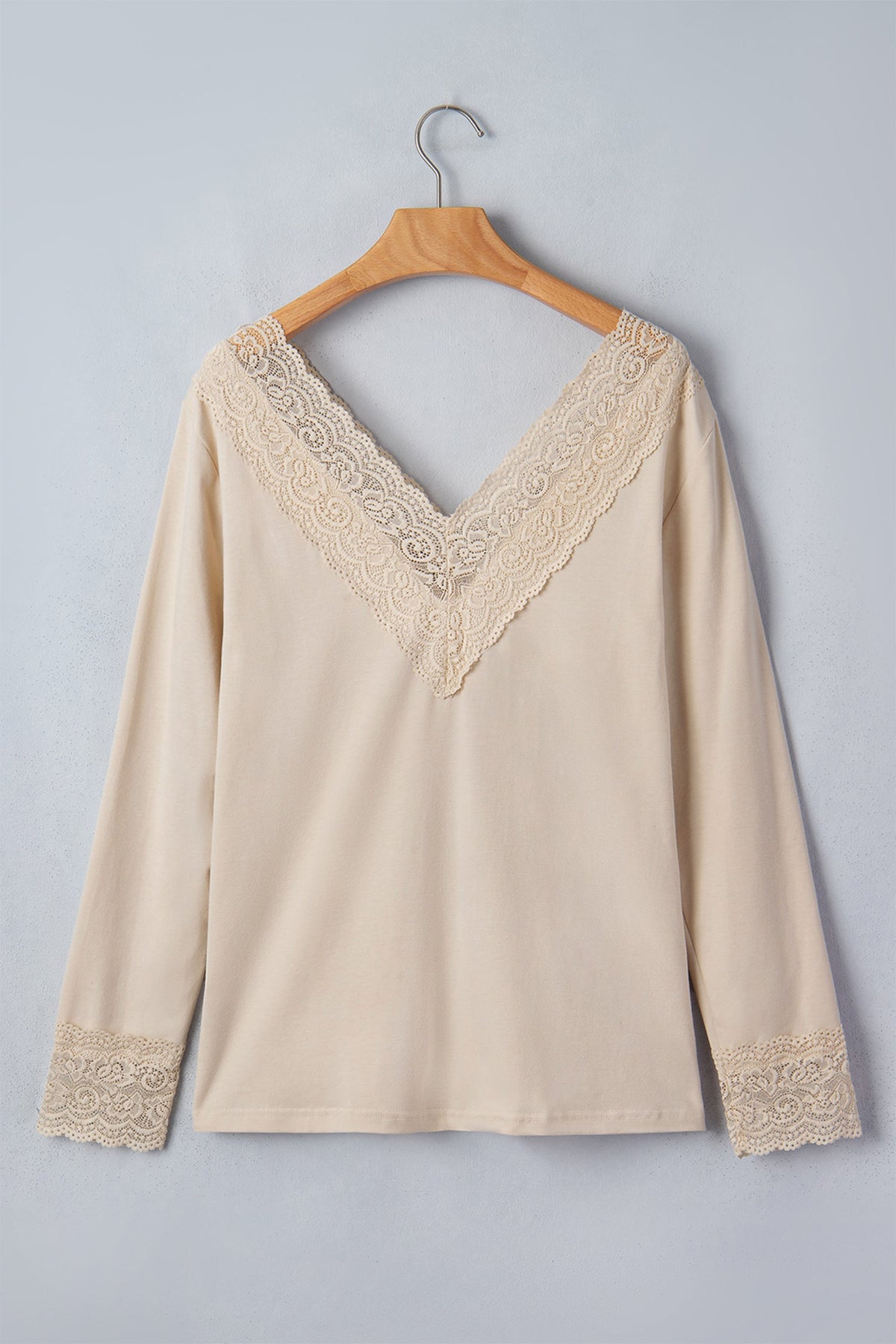 Apricot Lace Splicing V Neck Long Sleeve Top