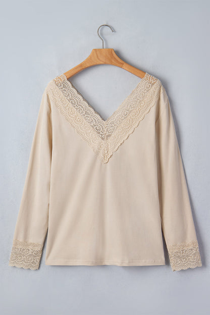 Apricot Lace Splicing V Neck Long Sleeve Top